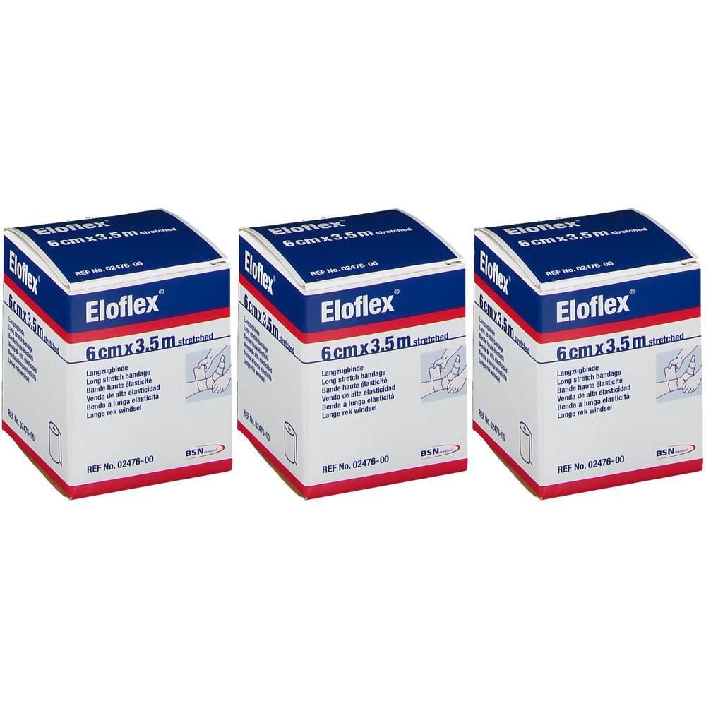 Trois paquets de bandes élastiques Eloflex, 6cm x 3.5m.
