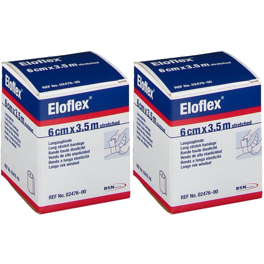 Twee verpakkingen Eloflex lange rekverband, 6cm x 3.5m, met productinformatie en illustraties.