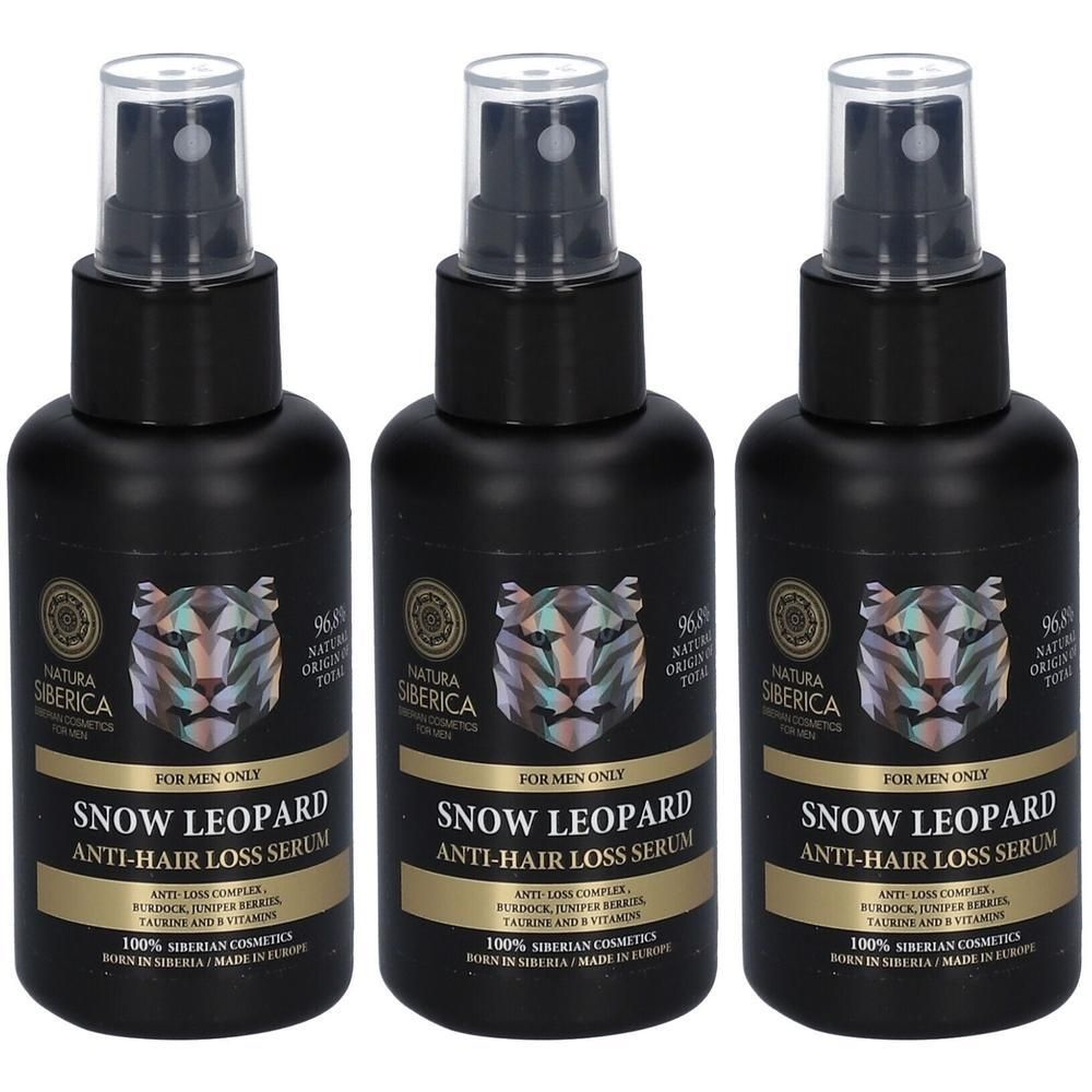 Drie zwarte sprayflacons met Natura Siberica Snow Leopard Anti-Haaruitval Serum voor mannen.