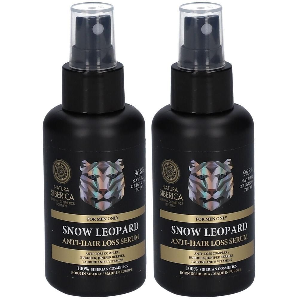 Deux flacons de sérum anti-chute de cheveux Natura Siberica Snow Leopard pour hommes.