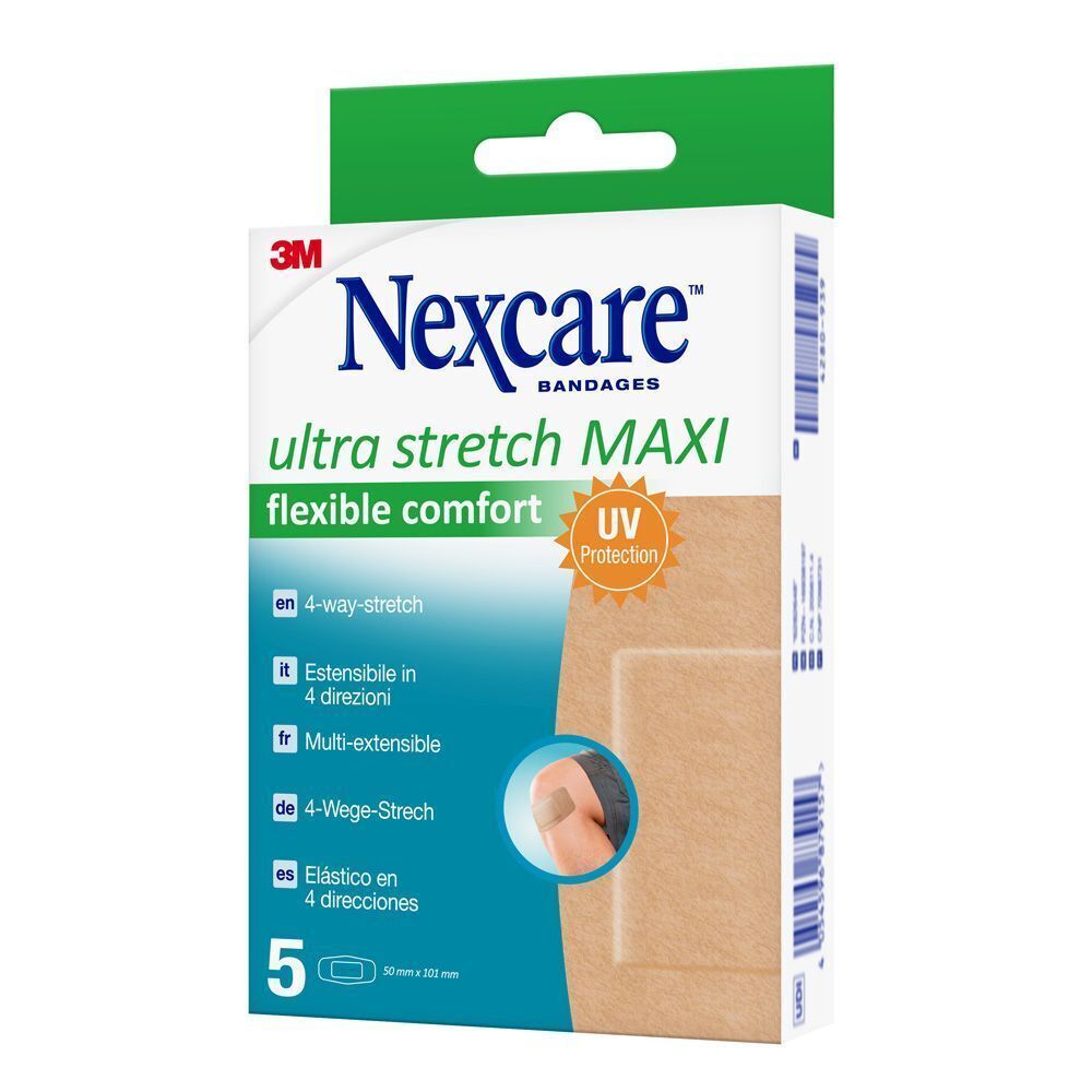 Verpakking Nexcare Ultra Stretch MAXI pleisters, 5 stuks, 50x101mm, met UV-bescherming.