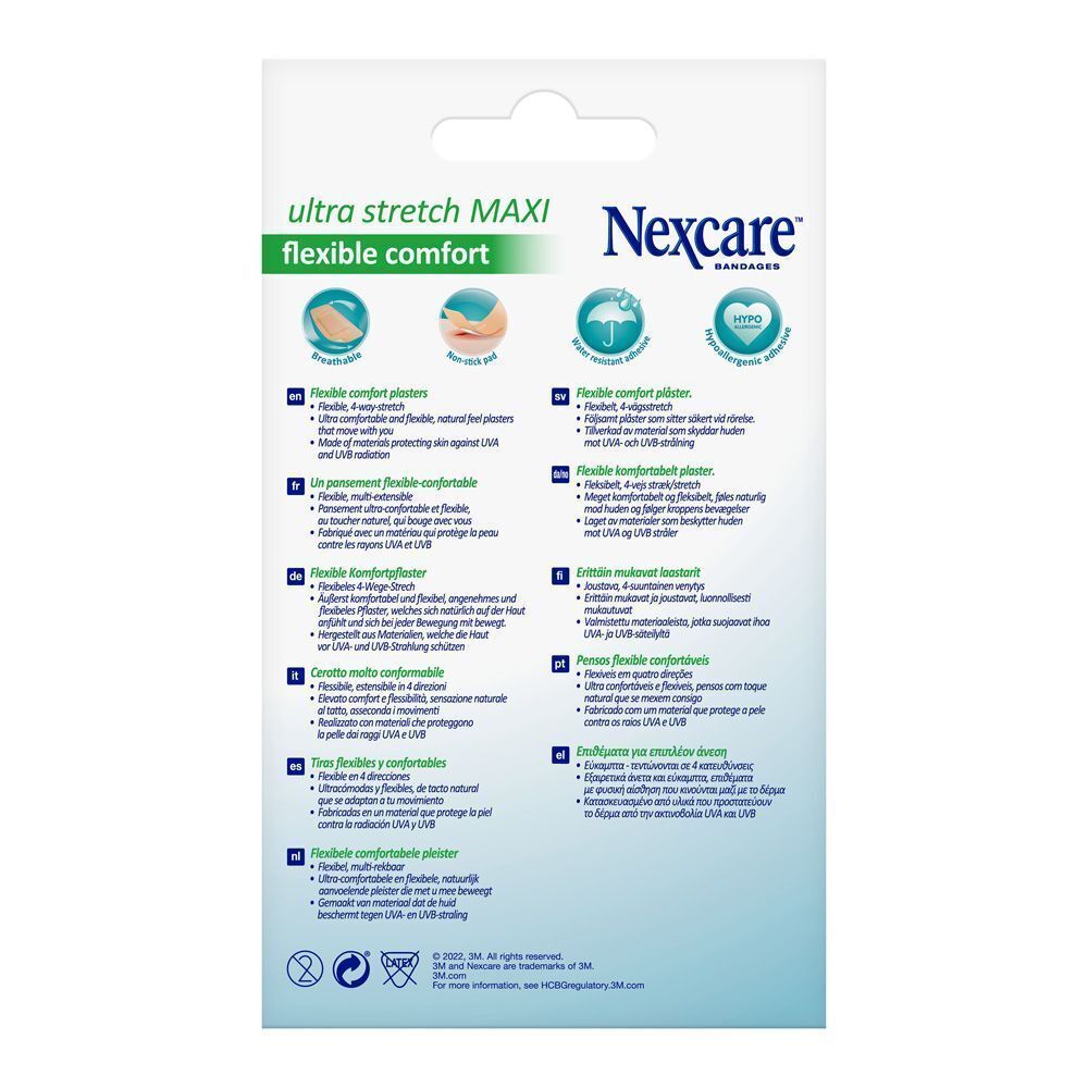 Achterkant van de verpakking Nexcare Ultra Stretch MAXI pleisters met productinformatie en symbolen.