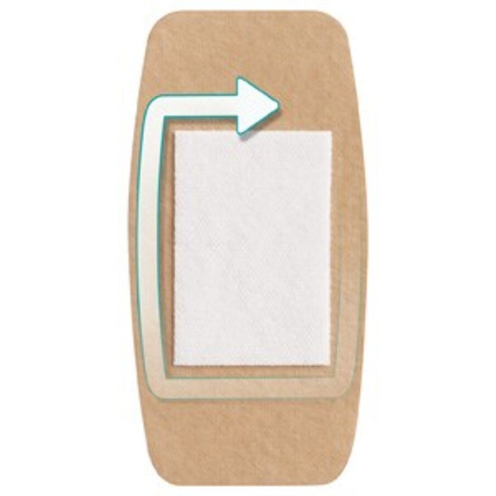 Nexcare Ultra Stretch MAXI pleister met beschermfolie en pijl voor applicatie.