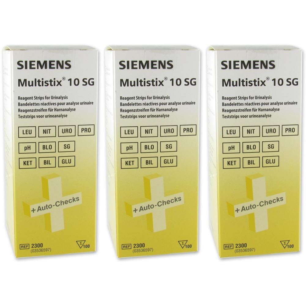 Drie pakken Siemens Multistix 10 SG urineteststrips met +Auto-Checks en testvelden voor Leukocyten, Nitriet, Urobilinogeen, Eiwit, pH, Bloed, Soortelijk Gewicht, Ketonen, Bilirubine, Glucose.