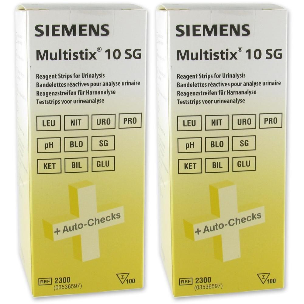 Deux boîtes de bandelettes Siemens Multistix 10 SG pour analyse d'urine avec Auto-Checks.