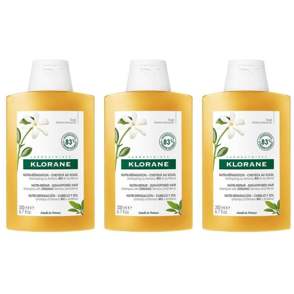 Trois flacons de shampooing Klorane Nutri-Réparation au Tamanu Bio et Monoï.