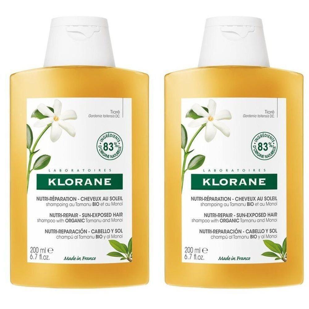 Deux flacons de shampooing Klorane Nutri-Réparation au Tamanu Bio et Monoï.