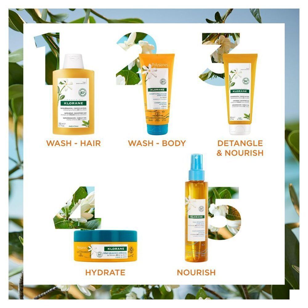 Cinq produits Klorane pour cheveux au soleil : shampooing, gel douche, soin.