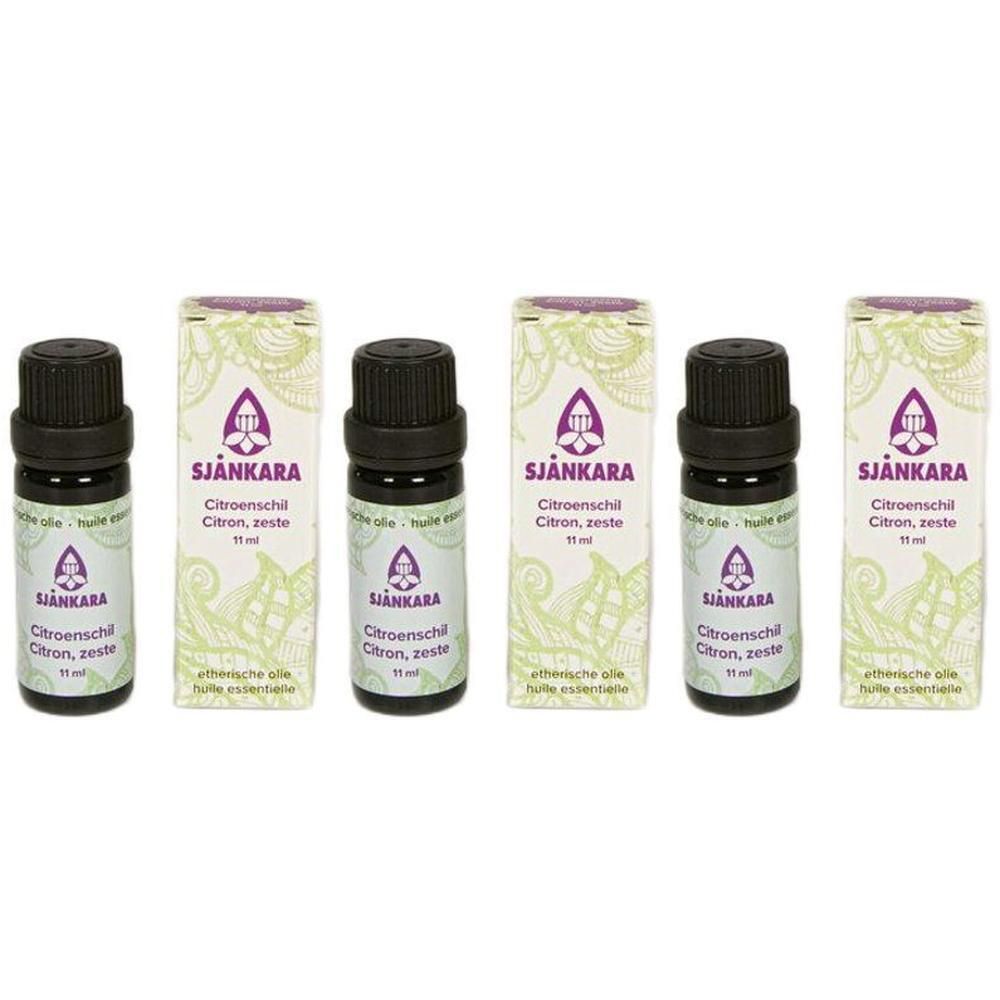 Drie flesjes biologische citroenschil etherische olie van Shankara, elk 15 ml.