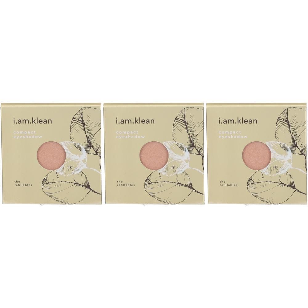 Trois fards à paupières compacts i.am.klean couleur Opal, chacun dans un emballage avec motif de feuilles.