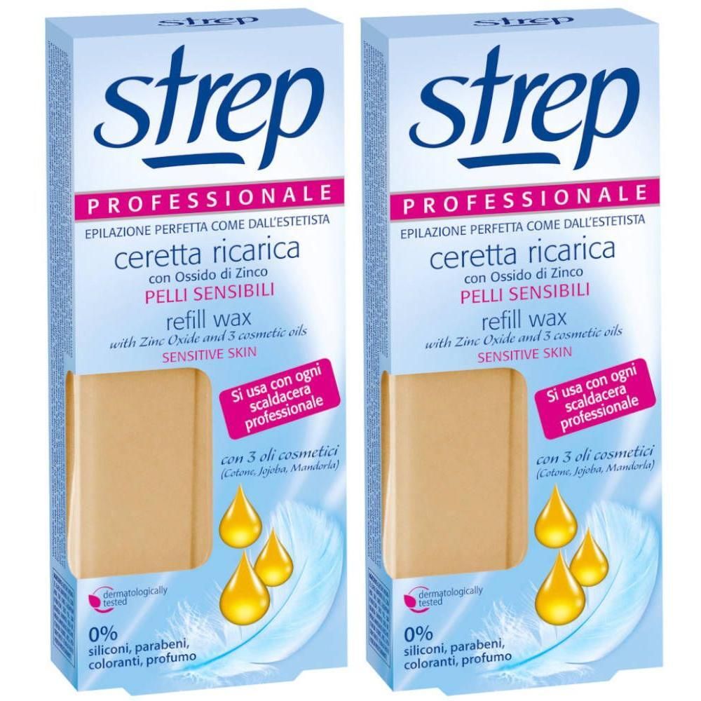 Twee pakken Strep Professional navulwax voor gevoelige huid. Bevat zinkoxide en 3 cosmetische oliën.