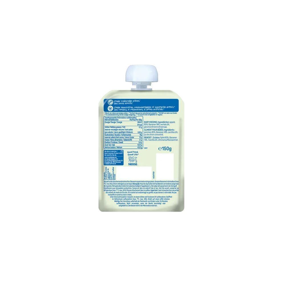 Arrière d'un sachet à presser Nestlé Astro Fruits avec informations nutritionnelles et liste d'ingrédients. 150g.