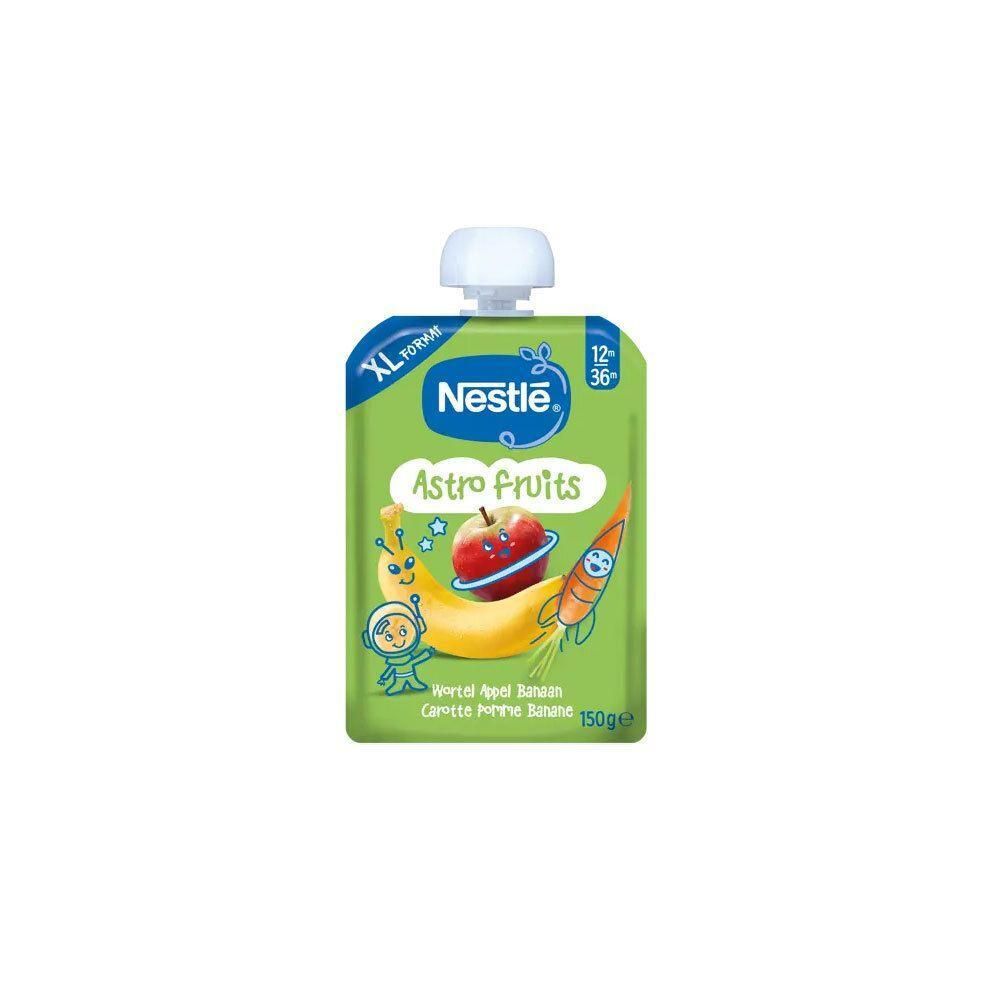 Nestlé Astro Fruits knijpzakje met appel, banaan en wortel. Toont een astronaut en een raket.