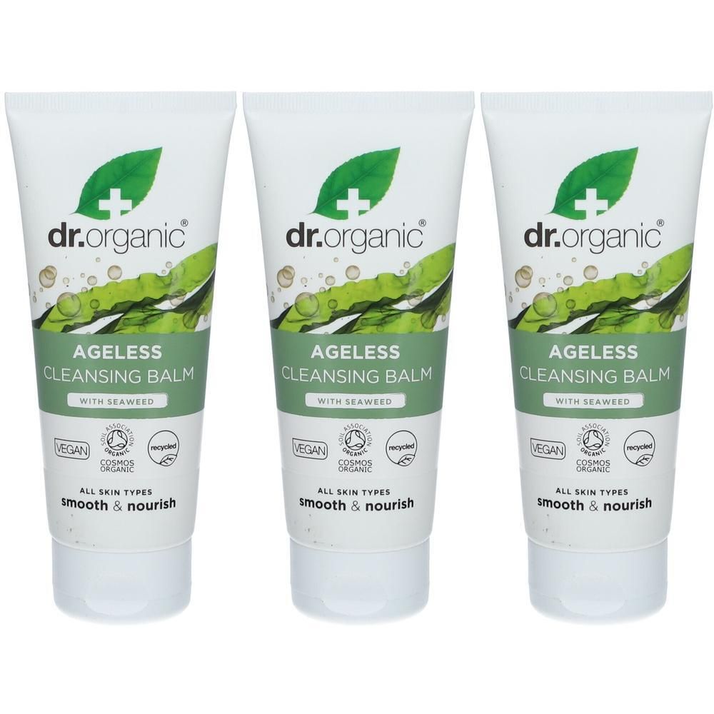 Drie tubes dr. organic Ageless Cleansing Balm met zeewier. Voor alle huidtypen.