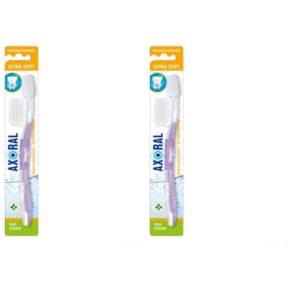 Brosse à dents Axoral Pro Clean, Ultra Soft, manche violet, tête blanche.