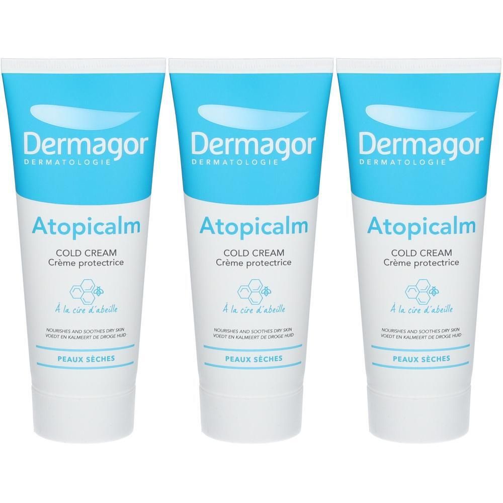 Drie tubes Dermagor Atopicalm Cold Cream met bijenwas-symbool.