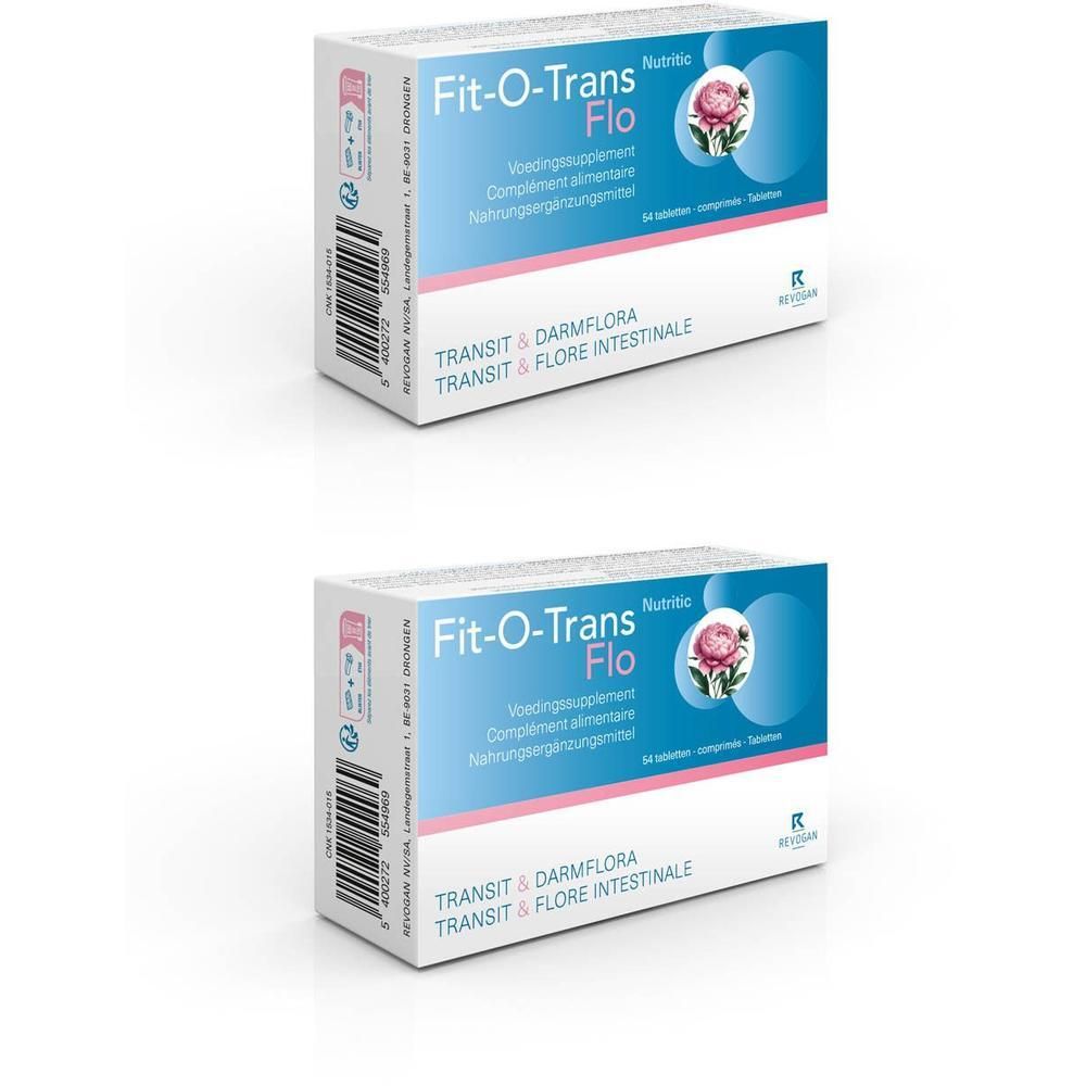 Deux boîtes de Fit-O-Trans Flo, complément alimentaire pour le transit et la flore intestinale.