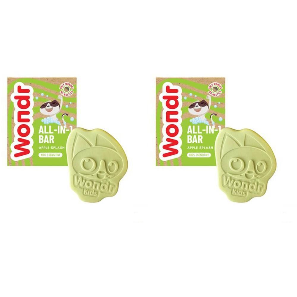 Deux produits Wondr All-In-1 Bar Kids Apple Splash en forme de pomme avec emballage.