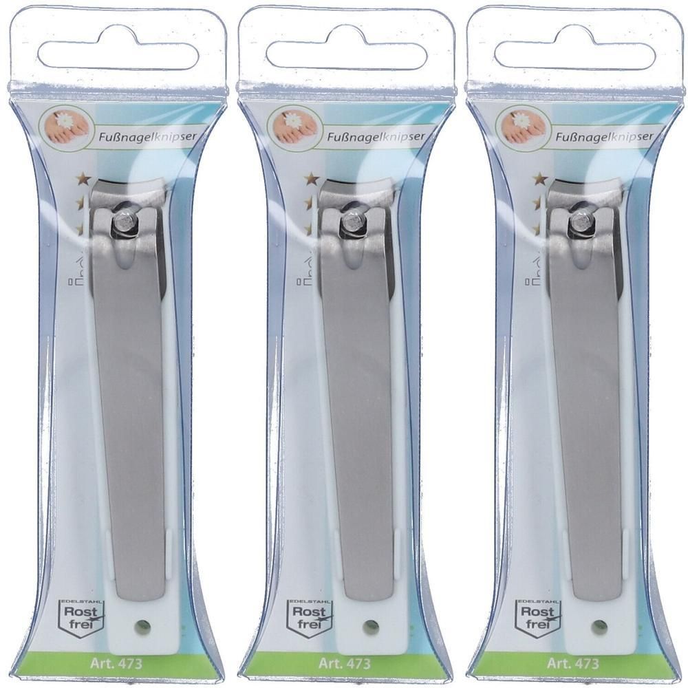 Trois coupe-ongles d'orteil en acier inoxydable sous blister. Inox, Art. 473.