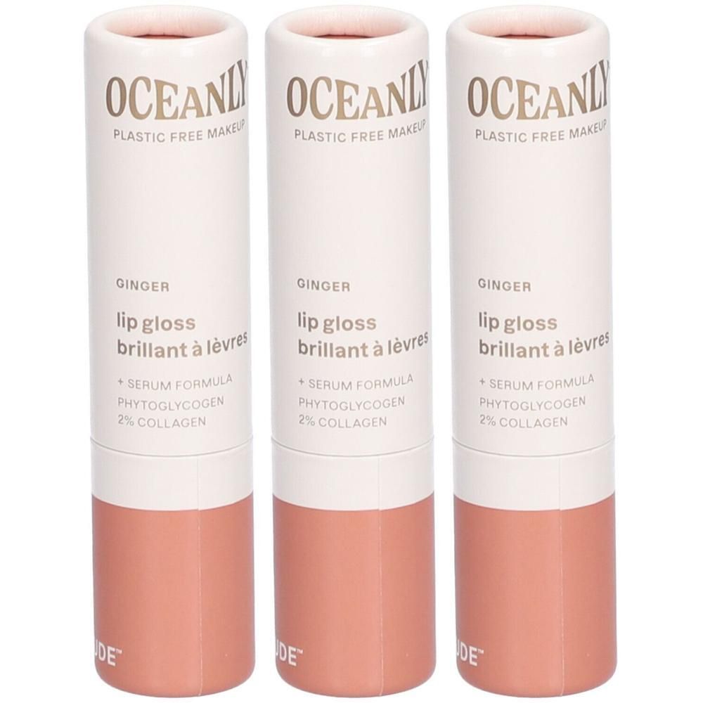 Drie Attitude Oceanly lippenstiften in gemberkleur, plasticvrije make-up verpakking.