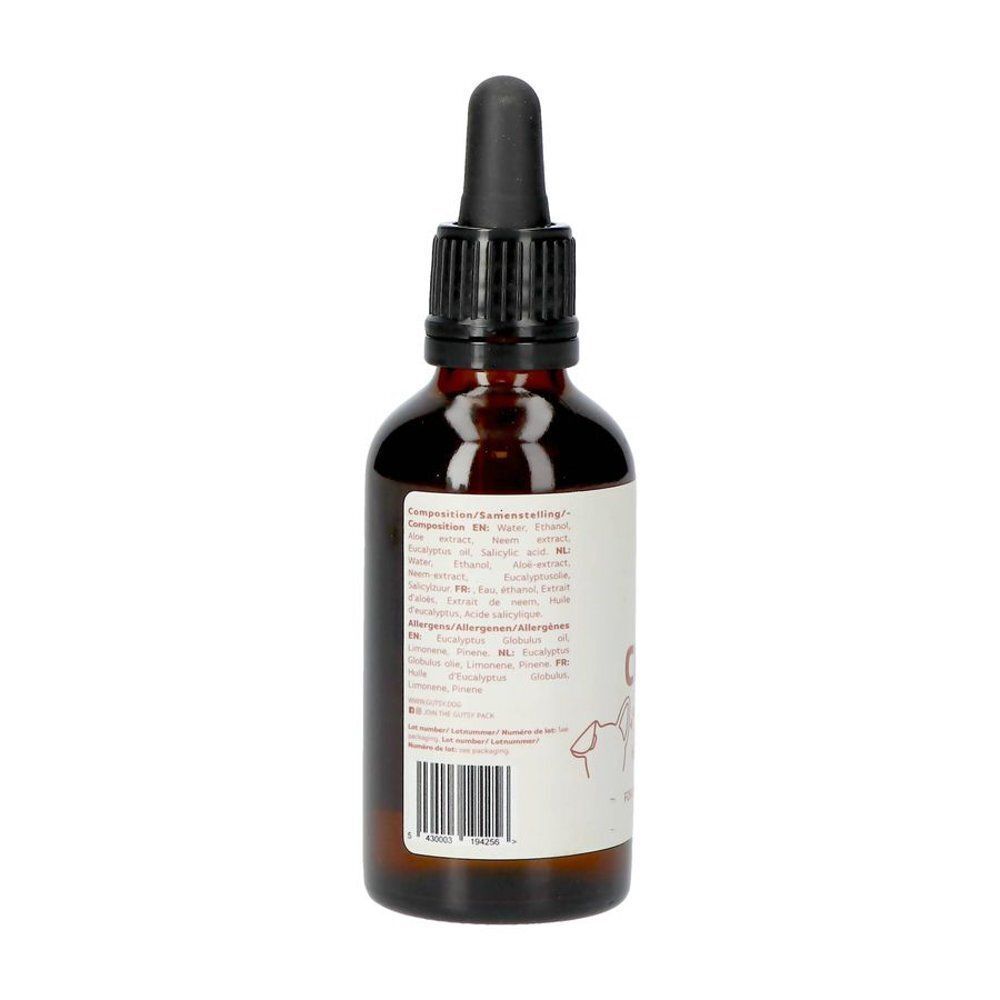 Gutsy Oorreiniger voor honden, 50ml. Achterkant van de fles met etiket, barcode en ingrediënten.