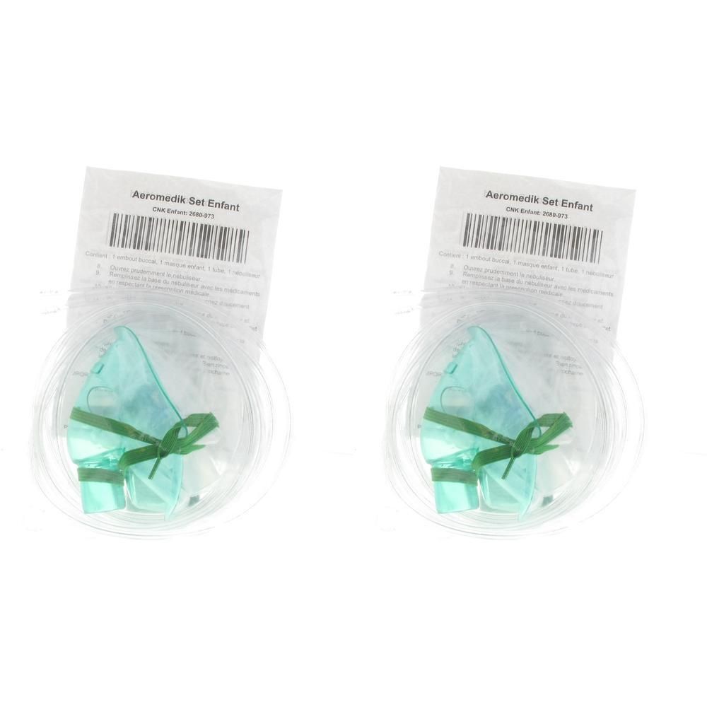 Twee turkooizen aerosolmaskers voor kinderen, elk in plastic verpakking met etiket.
