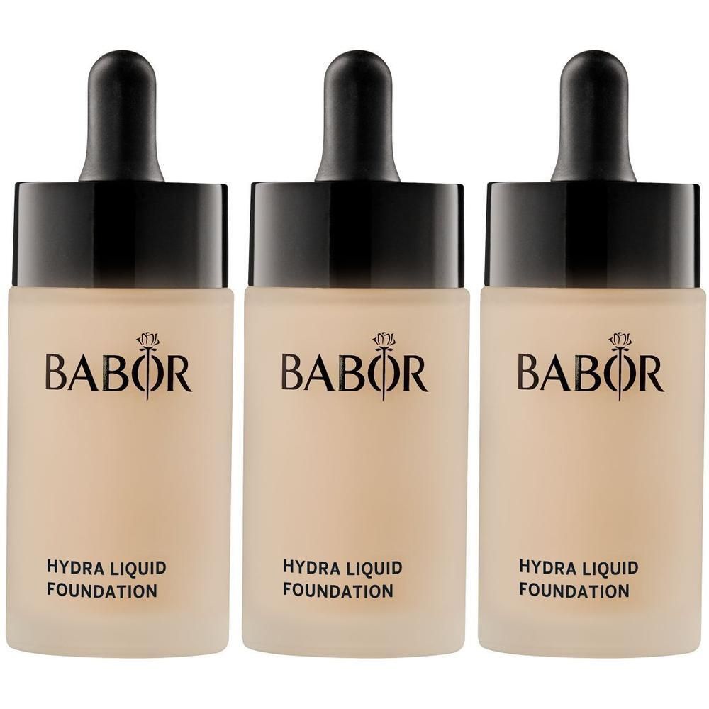 Drie Babor Hydra Liquid Foundation flesjes met druppeldop.