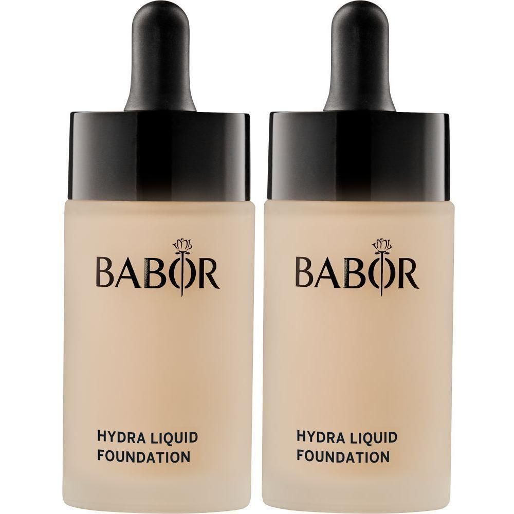 Twee Babor Hydra Liquid Foundation flacons met druppeldop.