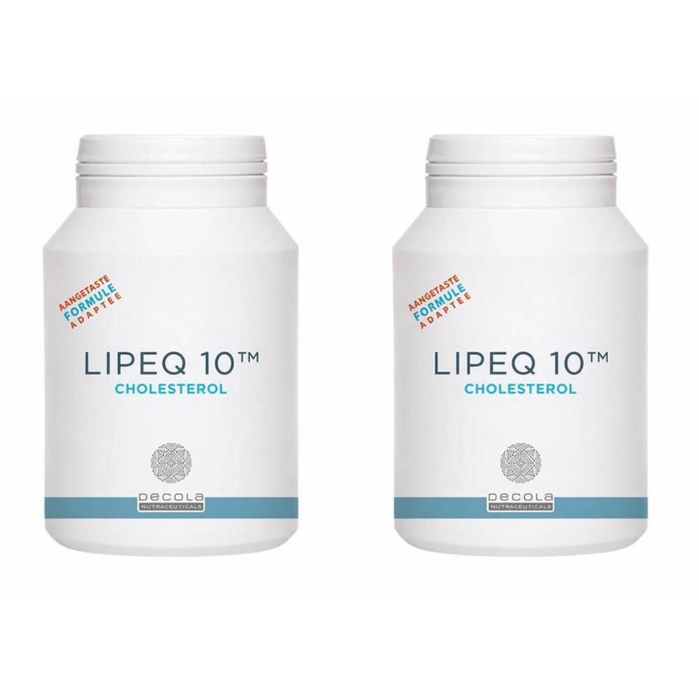 Twee witte potjes met "Lipeq 10 Cholesterol" opschrift en blauwe accenten.
