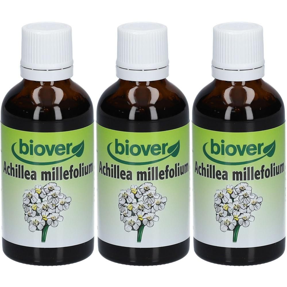 Trois flacons de teinture Biover Achillea Millefolium avec bouchons blancs et étiquettes montrant des fleurs blanches.