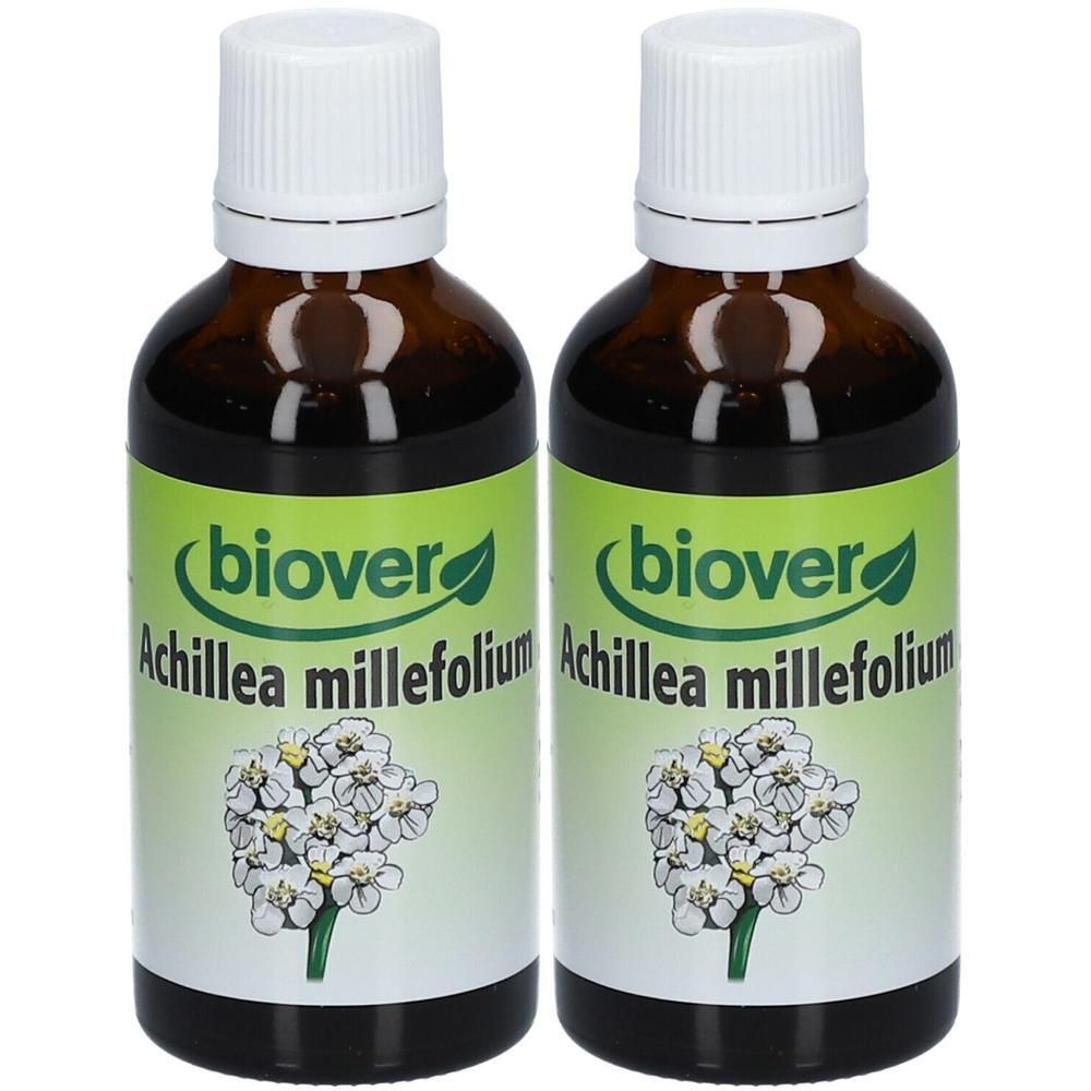 Twee bruine glazen flesjes met witte schroefdop, gevuld met Biover Achillea Millefolium tinctuur.