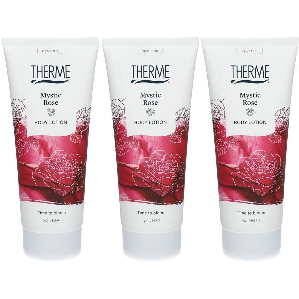 Trois tubes de lotion pour le corps THERME Mystic Rose avec motif de roses.