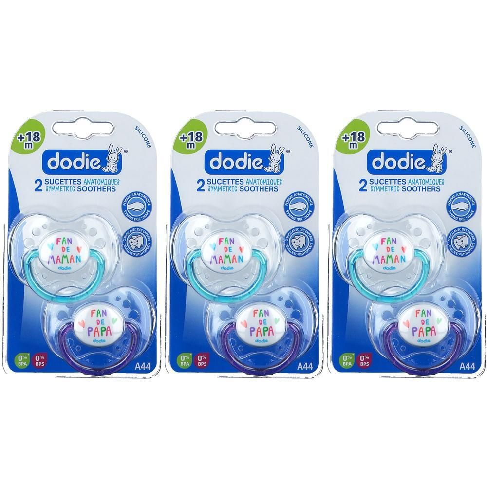 Drie pakken van 2 Dodie siliconen fopspenen voor baby's van 18 maanden en ouder. Eén fopspeen is blauw, de andere paars.