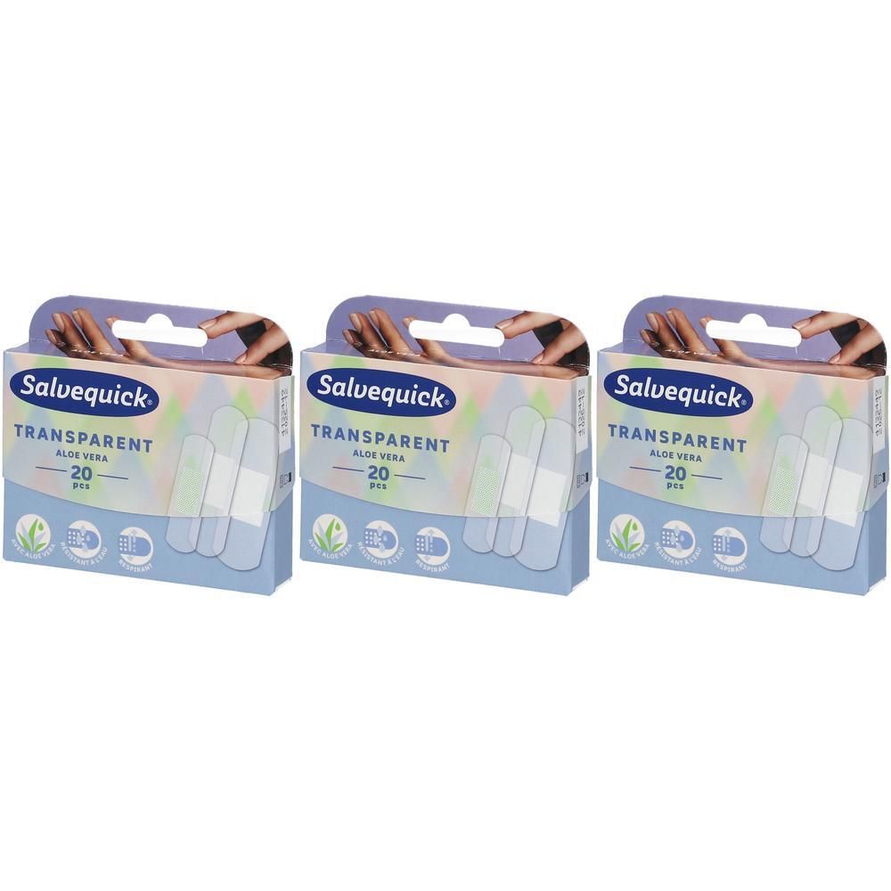 Drie pakken Salvequick Transparante pleisters met Aloë Vera, 20 stuks per pak.