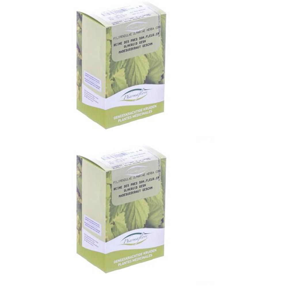 Twee pakken Pharmaflore Reine des Prés gesneden kruid. Groene en witte verpakking met plantenafbeelding.