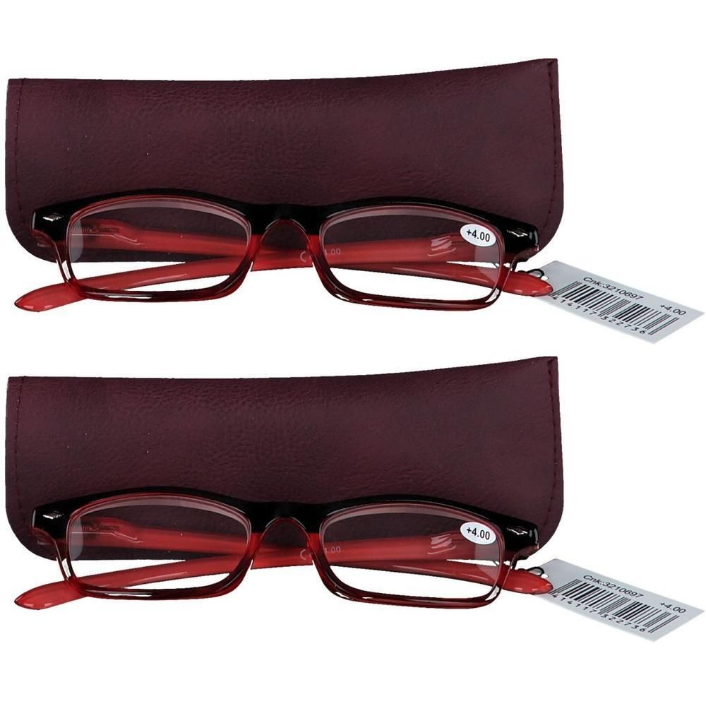 Deux paires de lunettes de lecture rouges avec étuis. Chaque paire est de +4.00.