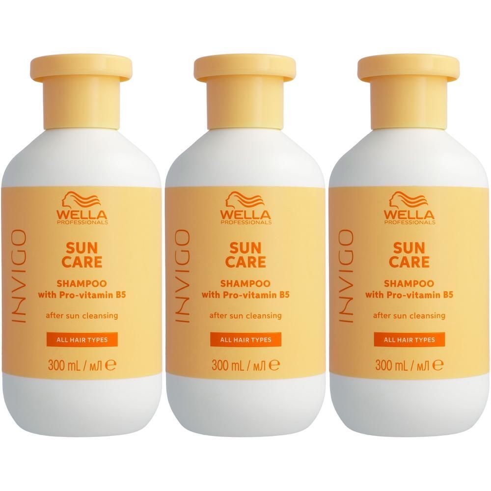 Trois bouteilles de shampoing Wella Invigo Sun Care, 300 ml.