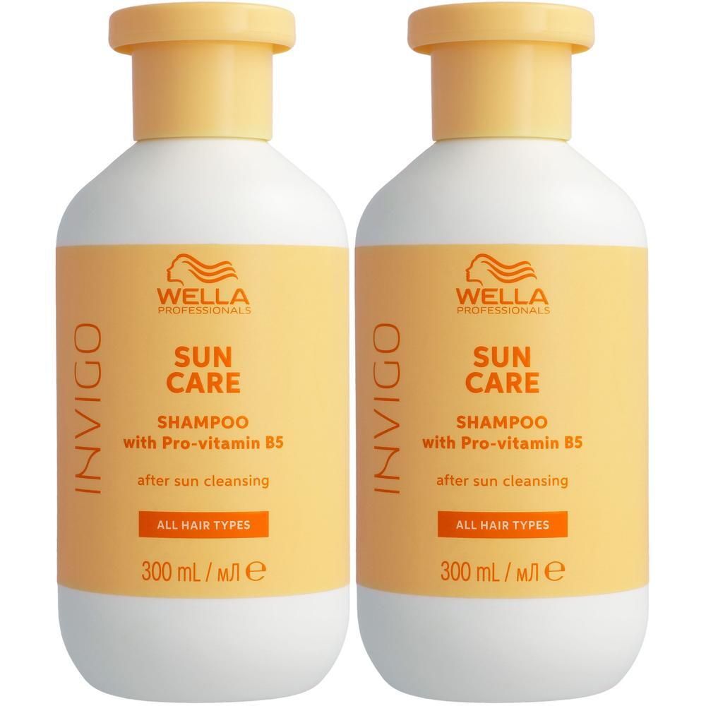 Deux bouteilles de shampoing Wella Invigo Sun Care, 300ml.