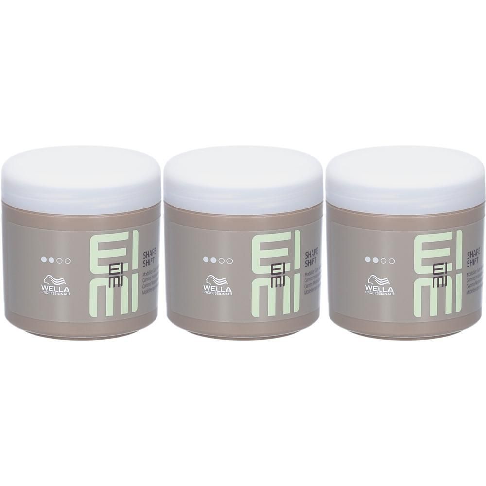 Drie Wella EIMI Shape Shift modellerende crème potjes met witte deksels.