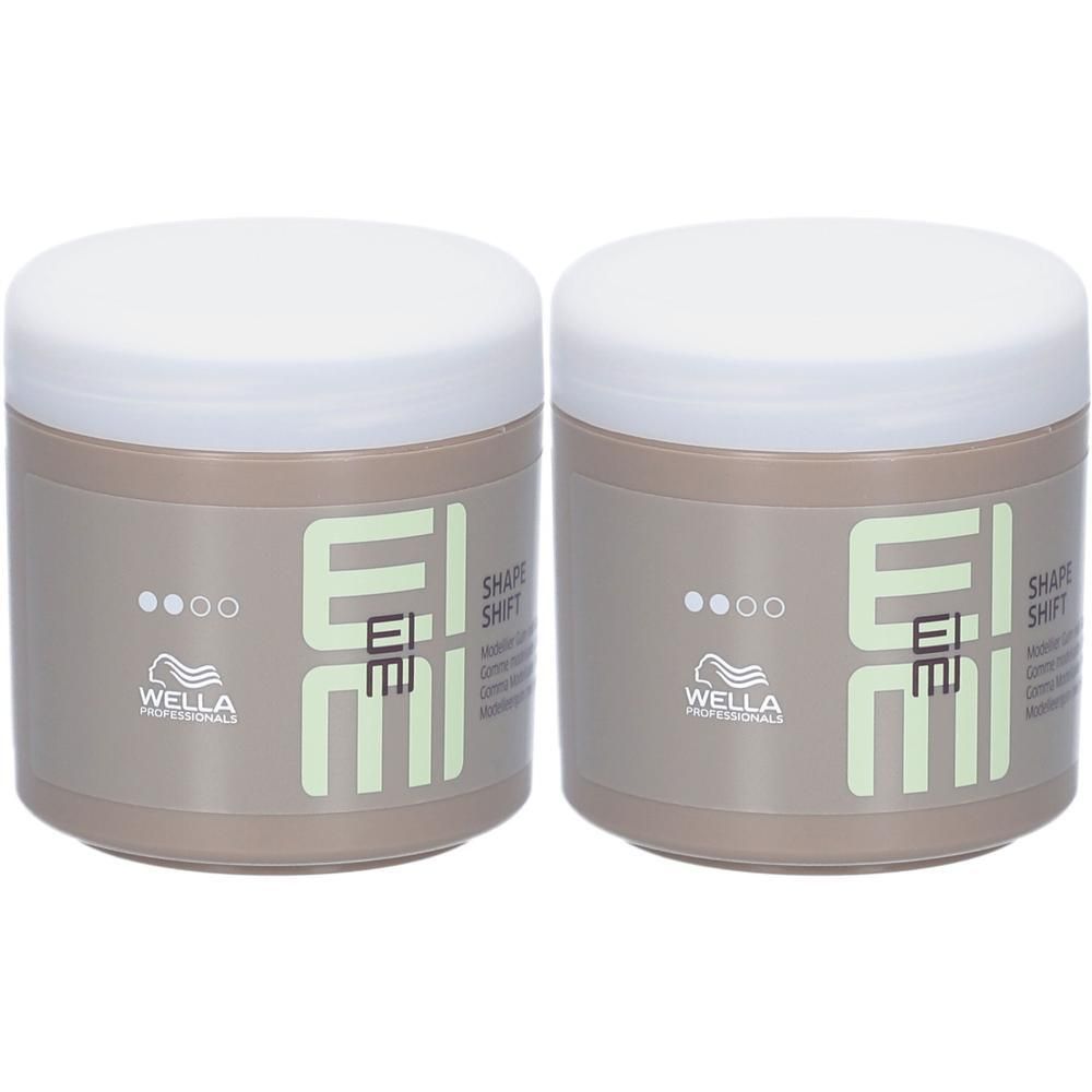 Twee Wella Professionals EIMI Shape Shift modellerende crème potten met witte deksels en beige etiketten.