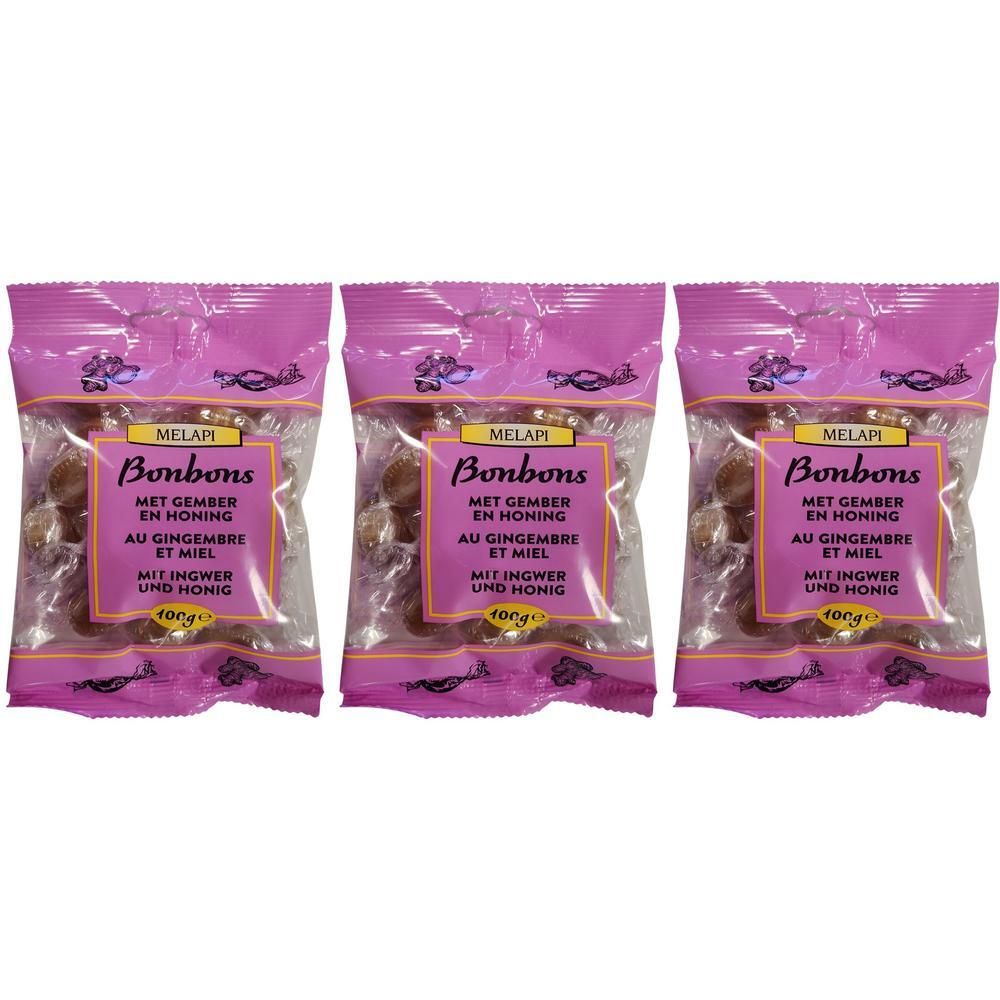 Drie zakjes Melapi Bonbons met gember en honing.