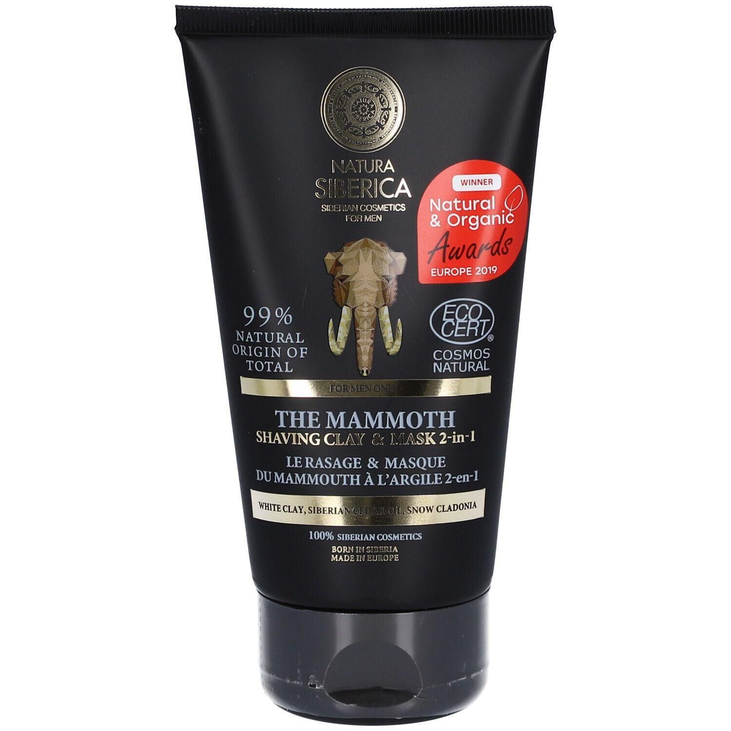 Tube Natura Siberica The Mammoth Shaving Clay & Mask 2-in-1. Illustration de mammouth et certification bio.