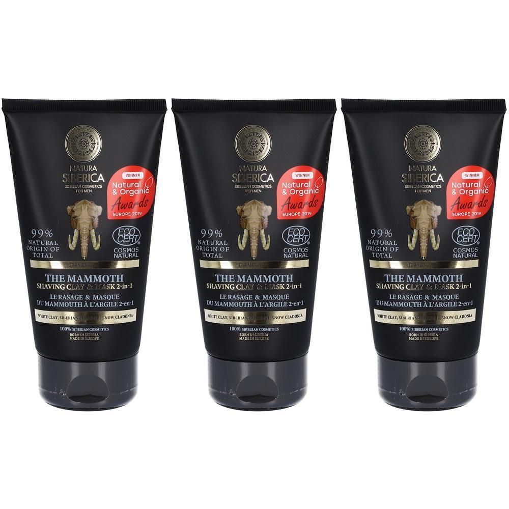 Drie tubes Natura Siberica The Mammoth Shaving Clay & Mask 2-in-1 met mammoetillustratie en biologisch keurmerk.