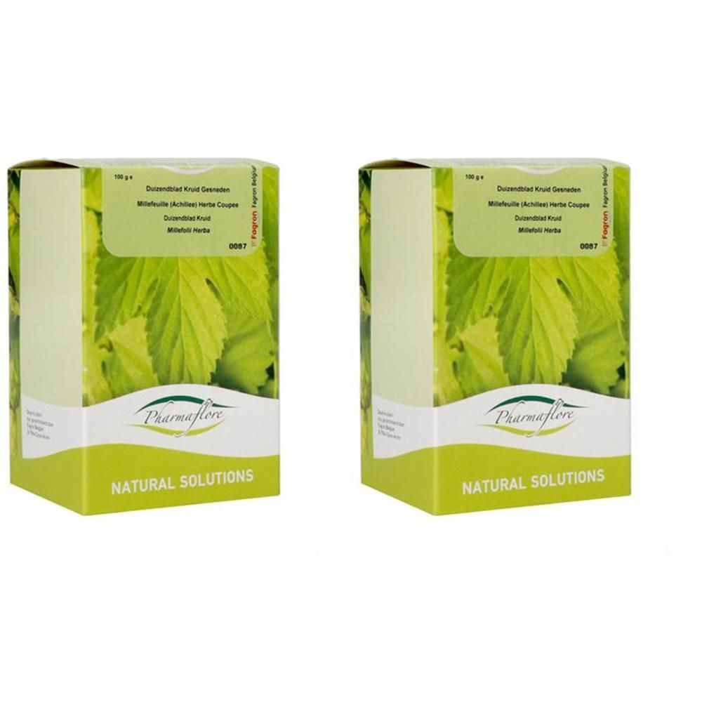 Deux boîtes de Pharmaflore Millefeuille (Achillée) Coupée avec des feuilles vertes et le logo Pharmaflore.