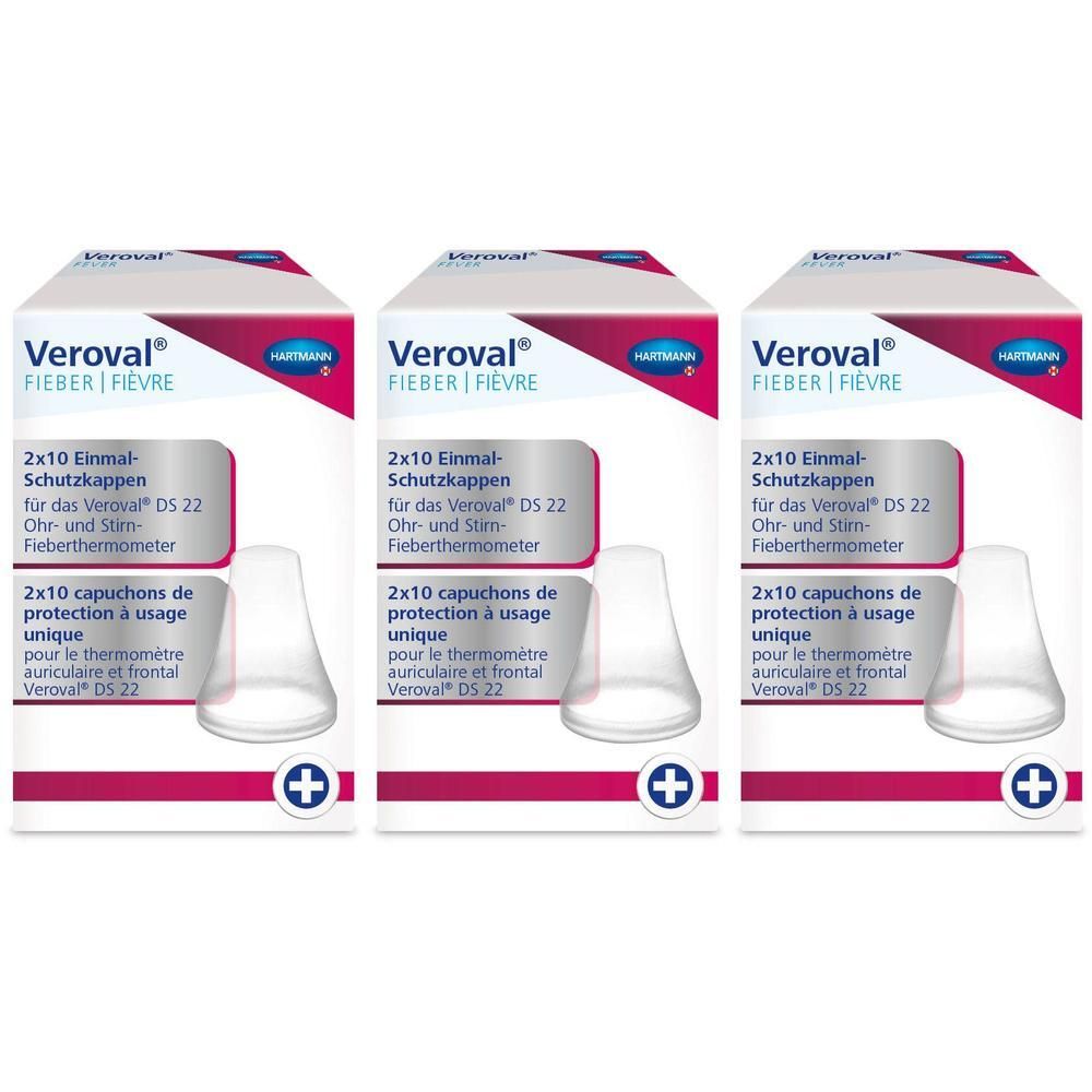 Drie verpakkingen Veroval wegwerp beschermkappen voor thermometers. Elke verpakking bevat 2x10 kappen.