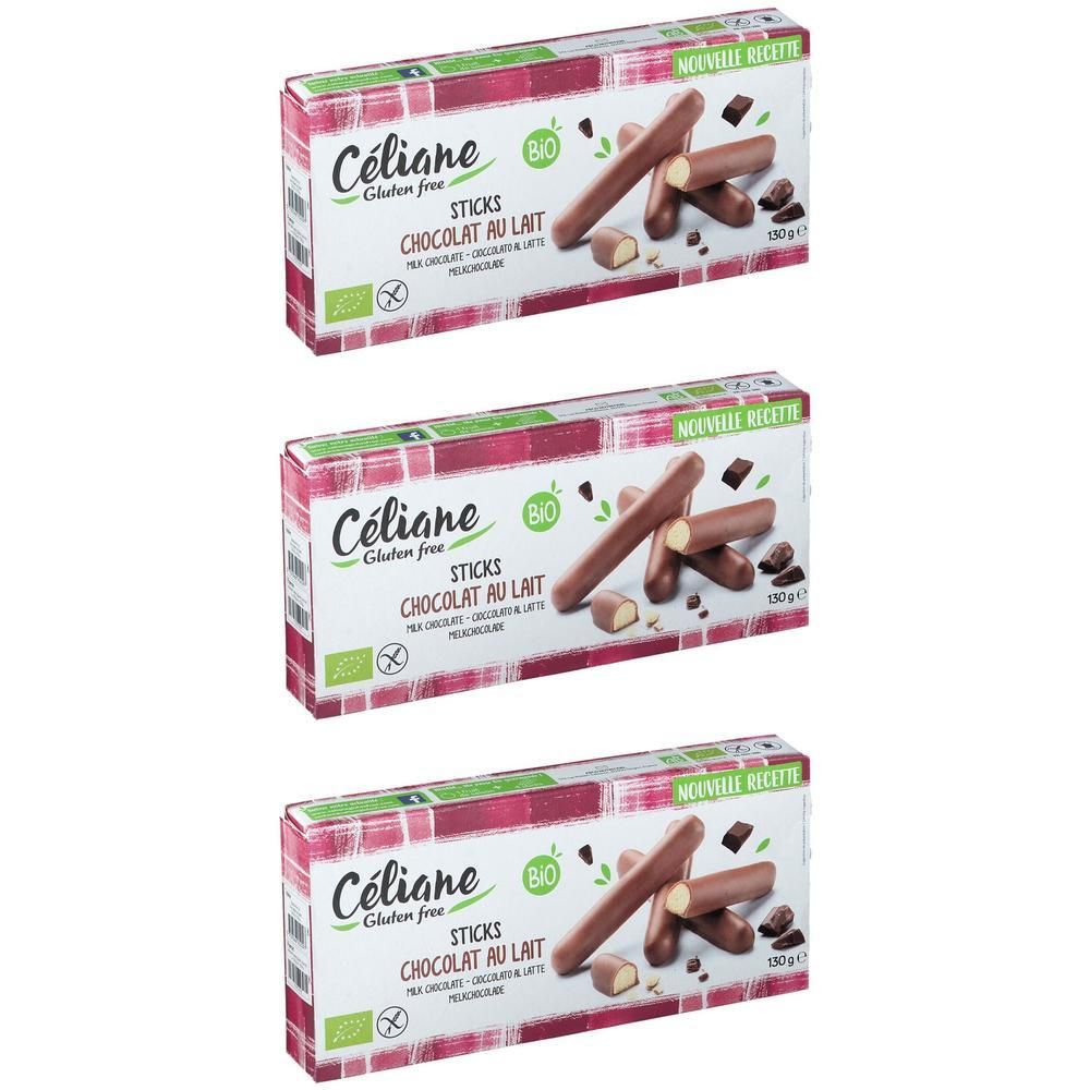 Trois paquets de bâtonnets Céliane au chocolat au lait, sans gluten, bio.