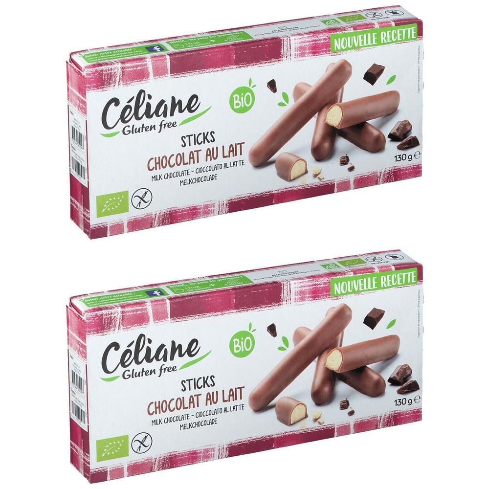 Deux paquets de barres Céliane au chocolat au lait bio, sans gluten.