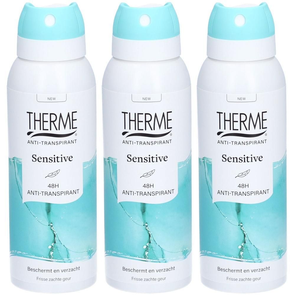 Drie spuitbussen Therme Sensitive Anti-Transpirant met blauwe dop.