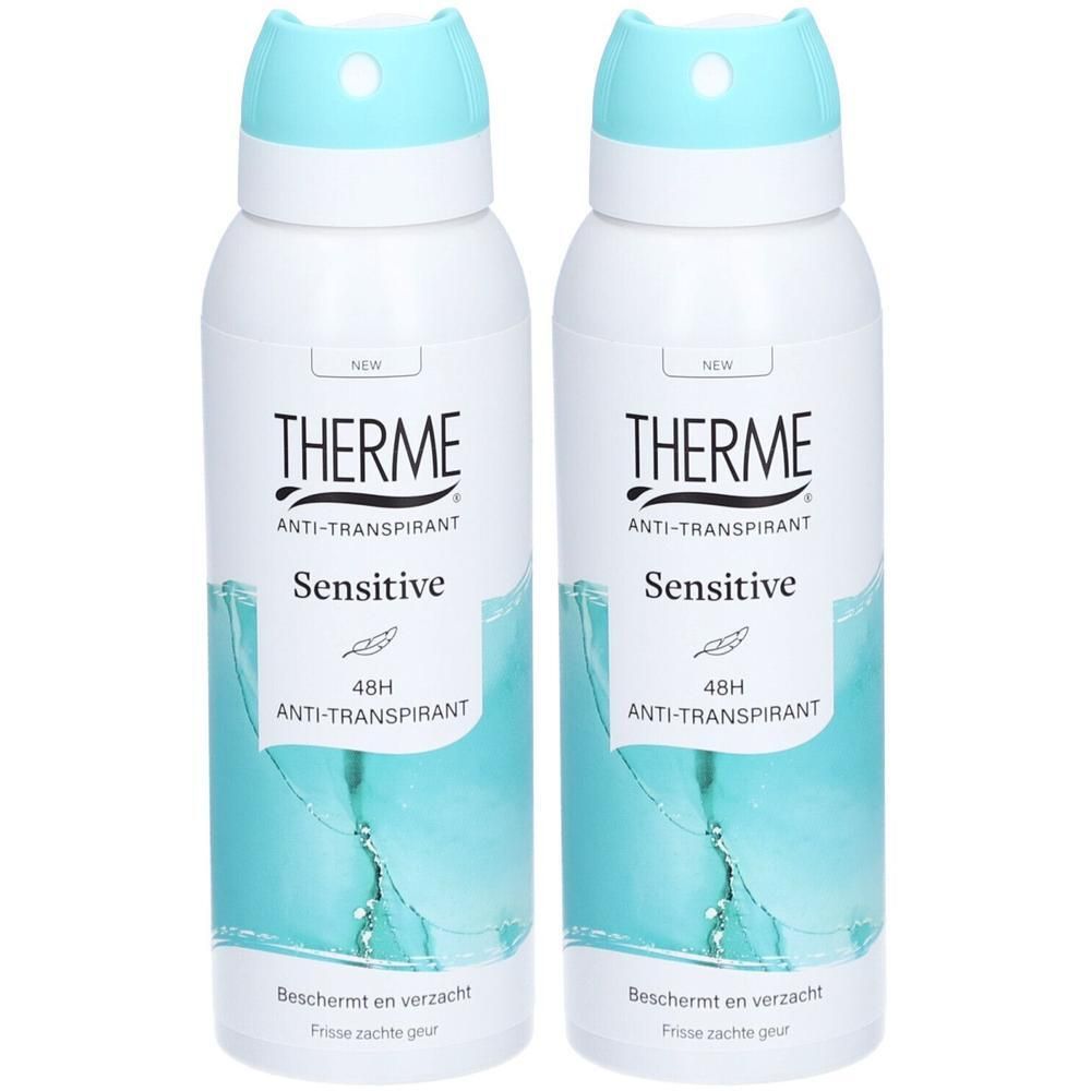 Deux flacons d'anti-transpirant Therme Sensitive avec bouchons turquoise.