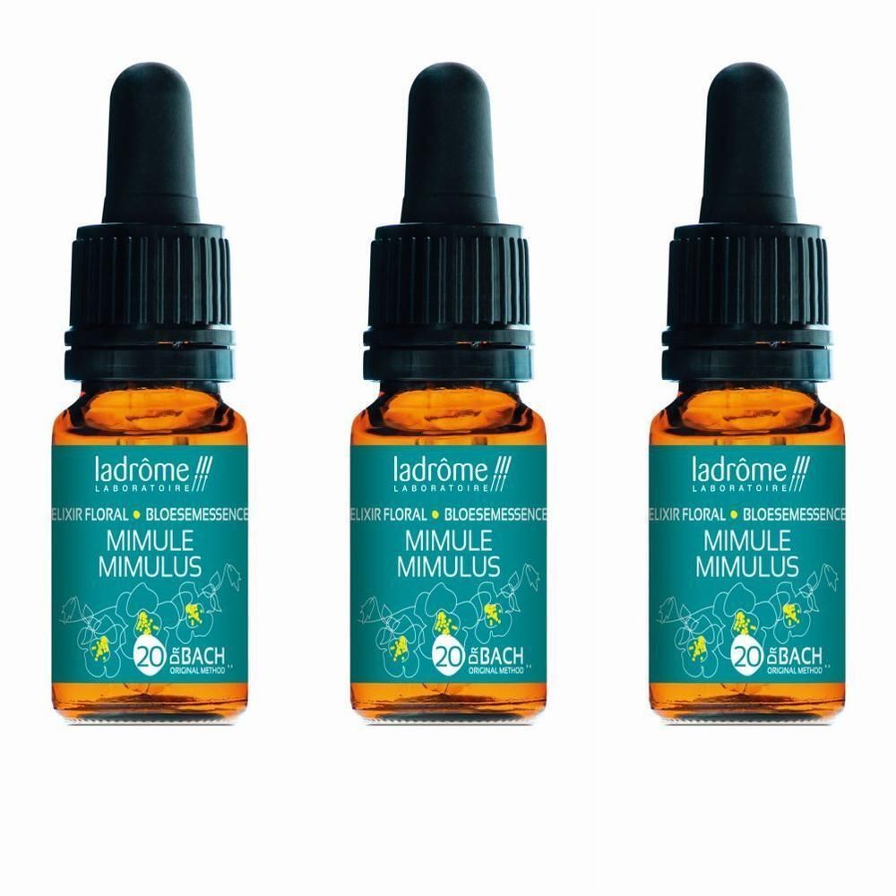 Drie flesjes Ladrôme Mimule Mimulus Elixir Floral met druppeldop.